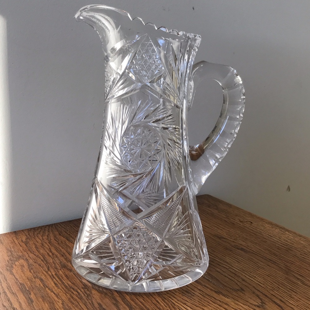Antique Vintage American Brilliant Cut Glass Tall Pitcher 10”